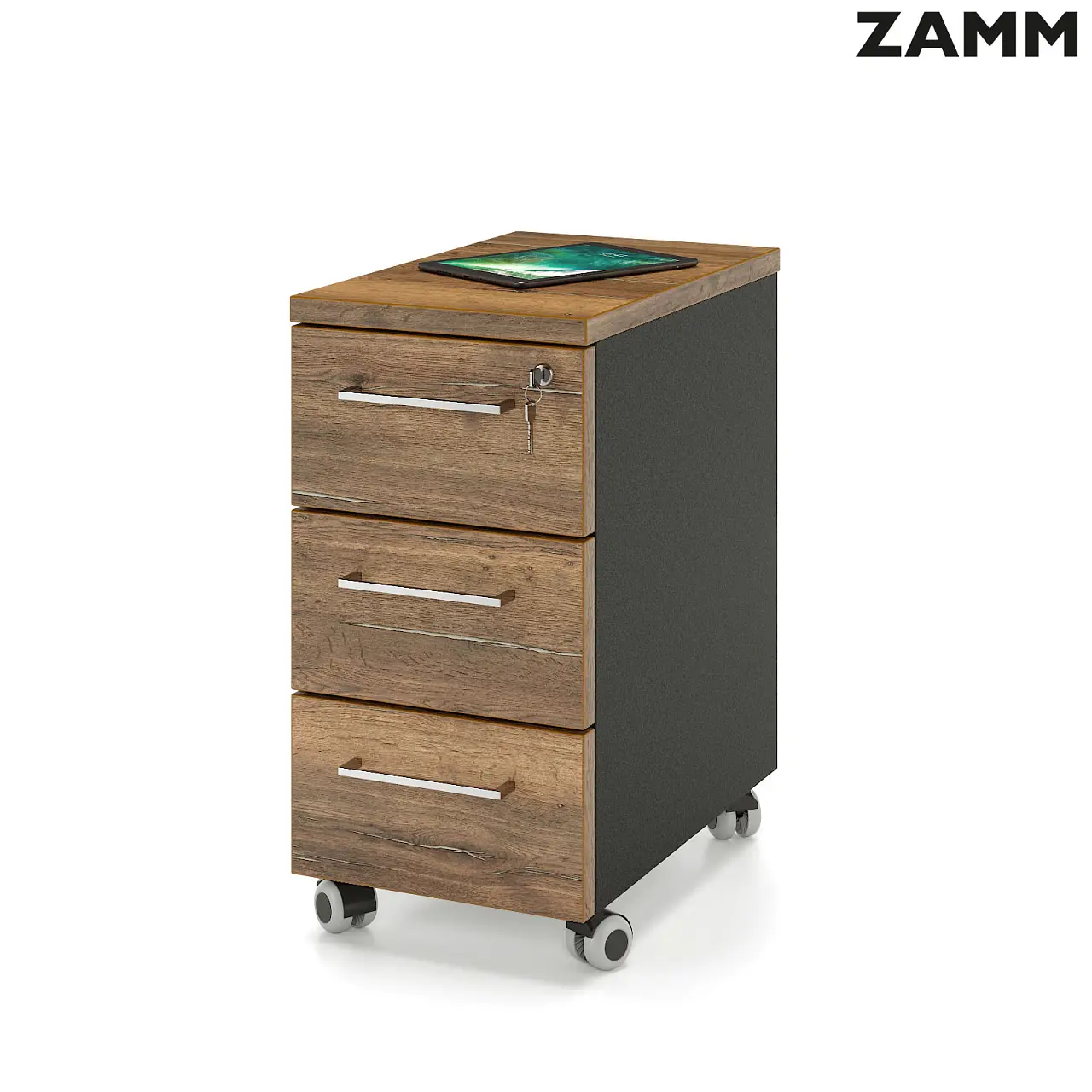 Тумба мобильная узкая ZAMM 3 ящика с центральным замком