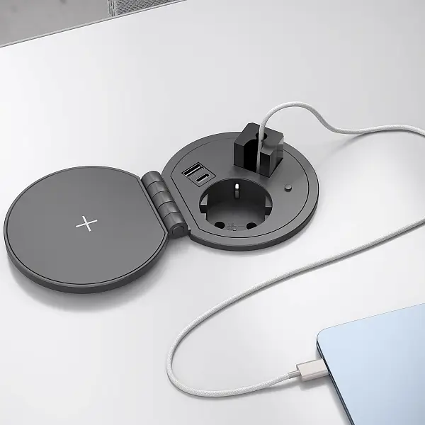 Розеточный блок POWER GROMMET (беспроводная зарядка Qi, 1 розетка, 1 разъем USB Type A, 1 разъем USB Type C)