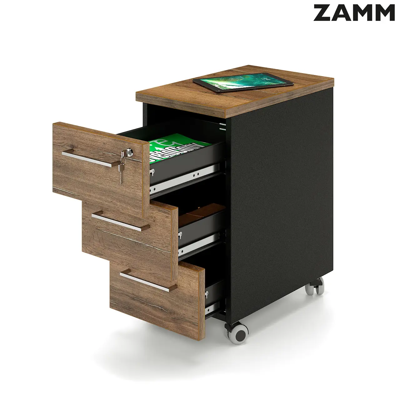Тумба мобильная узкая ZAMM 3 ящика с центральным замком