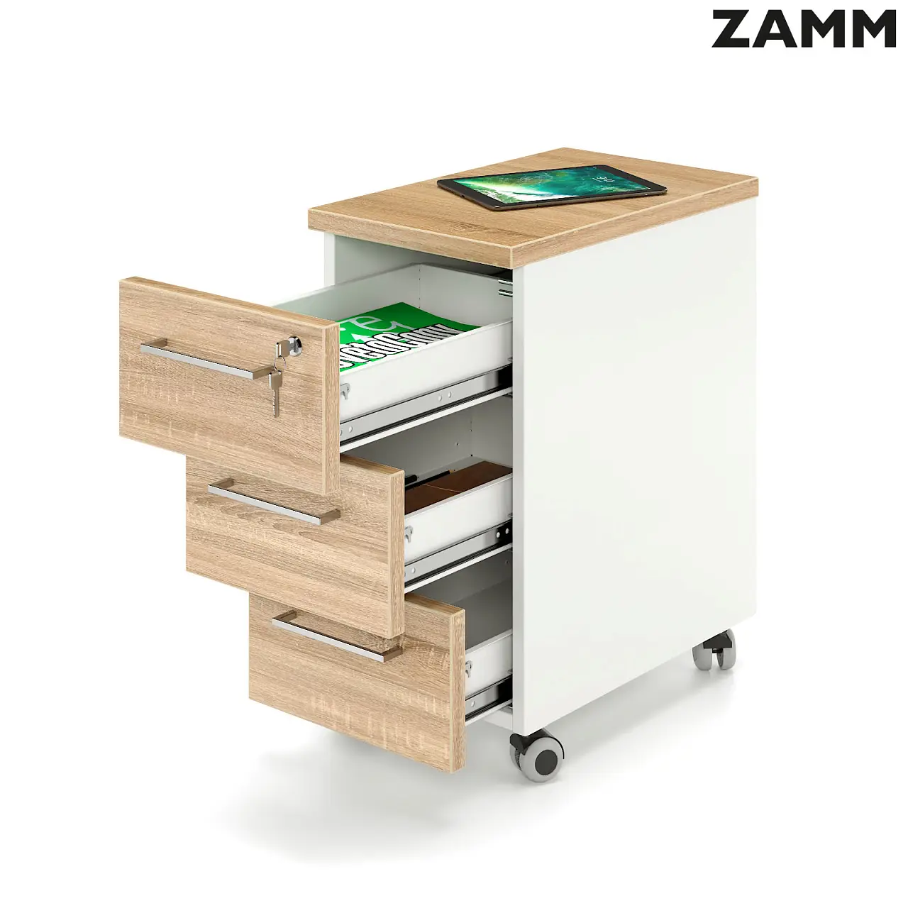 Тумба мобильная узкая ZAMM 3 ящика с центральным замком